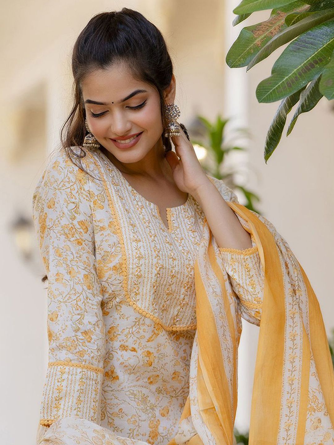 Anouk Women Floral Printed Regular Aari Work Pure Cotton Kurta with Palazzos & With Dupatta | Grocsy