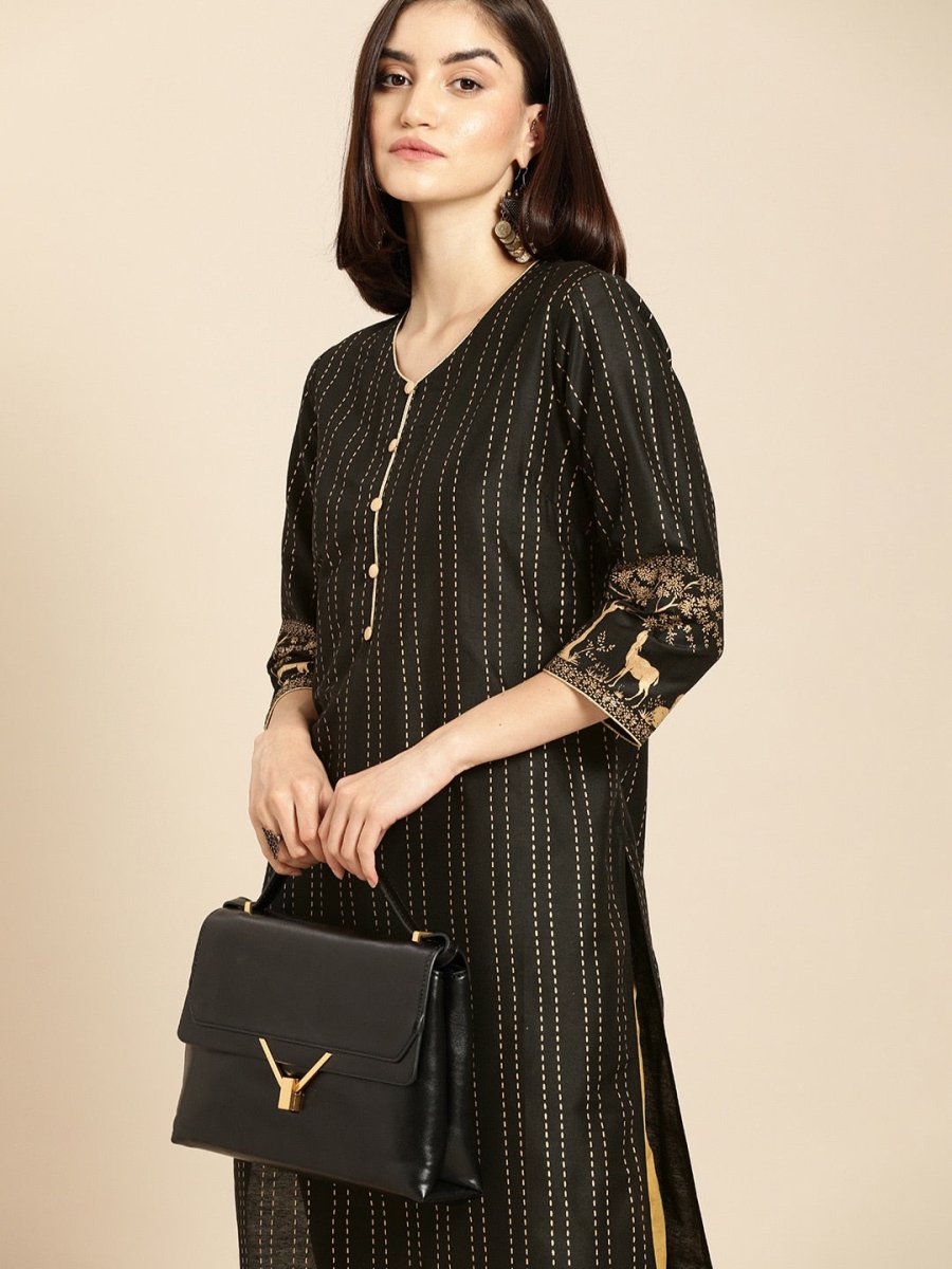 All About You Women Black & Gold Striped Regular Kurta with Trousers | Grocsy