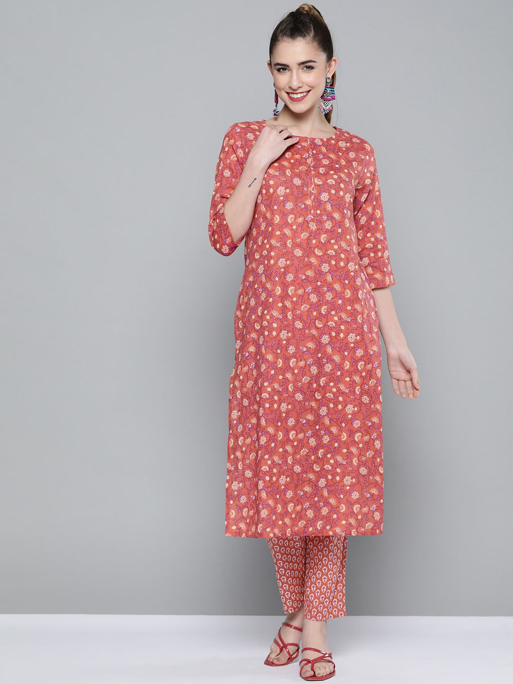 HERE&NOW Women Pink & White Floral Printed Kurta with Palazzos | Grocsy