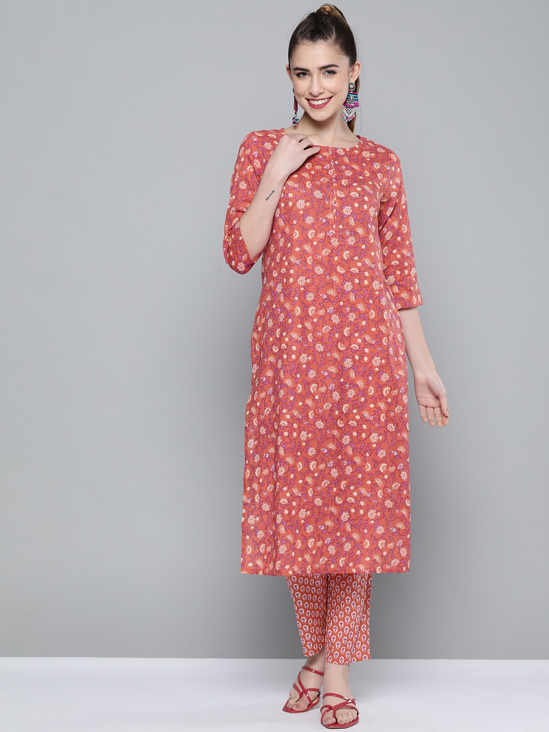 HERE&NOW Women Pink & White Floral Printed Kurta with Palazzos | Grocsy