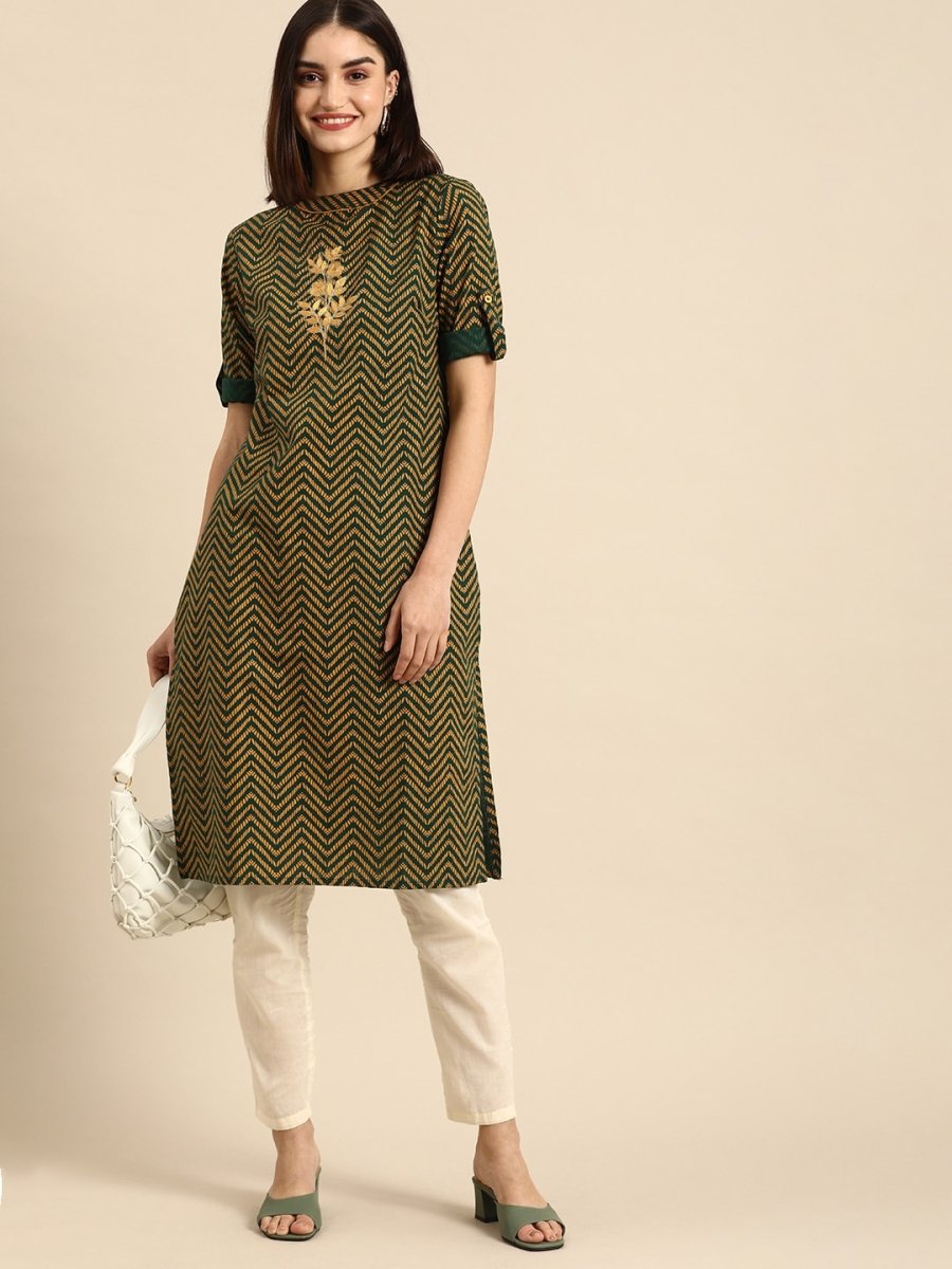 All About You Women Green & Yellow Floral Embroidered Thread Work Pure Cotton Kurta | Grocsy