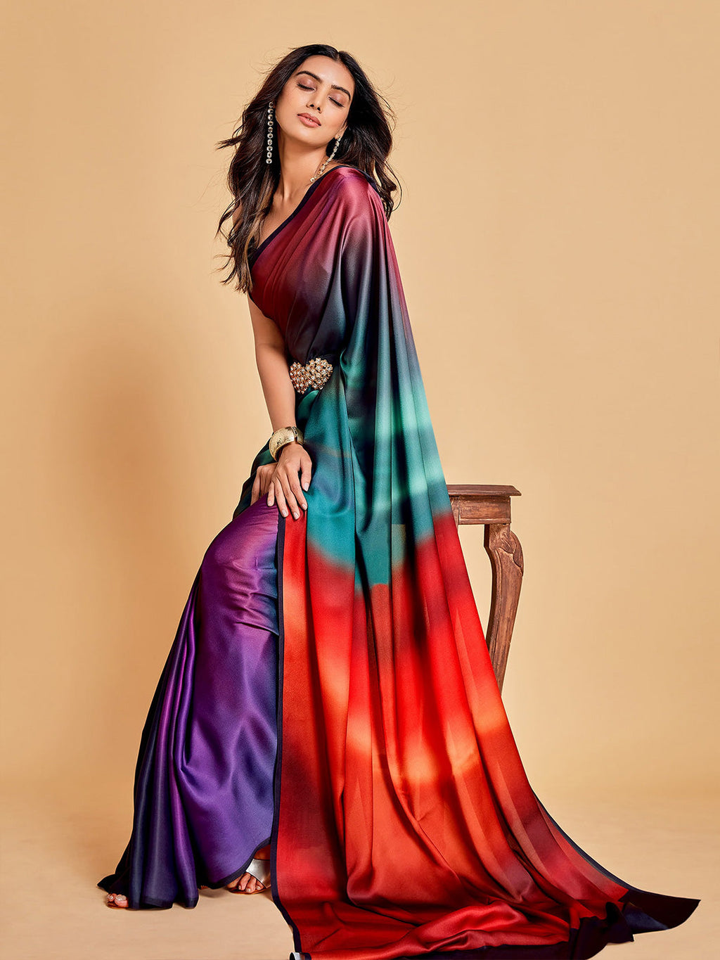 Sangria Violet & Orange Ombre Satin Saree | Grocsy