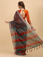 Sangria Grey & Red Beads and Stones Pure Linen Saree | Grocsy