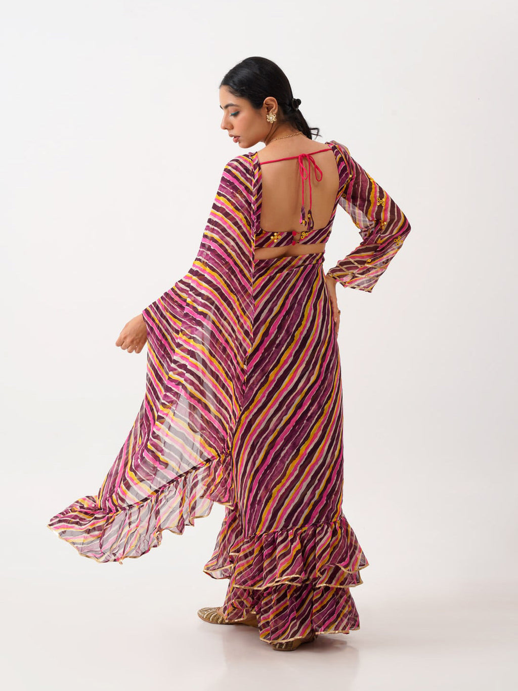 Tikhi Imli Brown Striped Ruffled Ready To Wear Saree | Grocsy