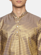 Sethukrishna Men Gold-Toned Bandhani Printed Art Silk Kurta with Dhoti Pants | Grocsy