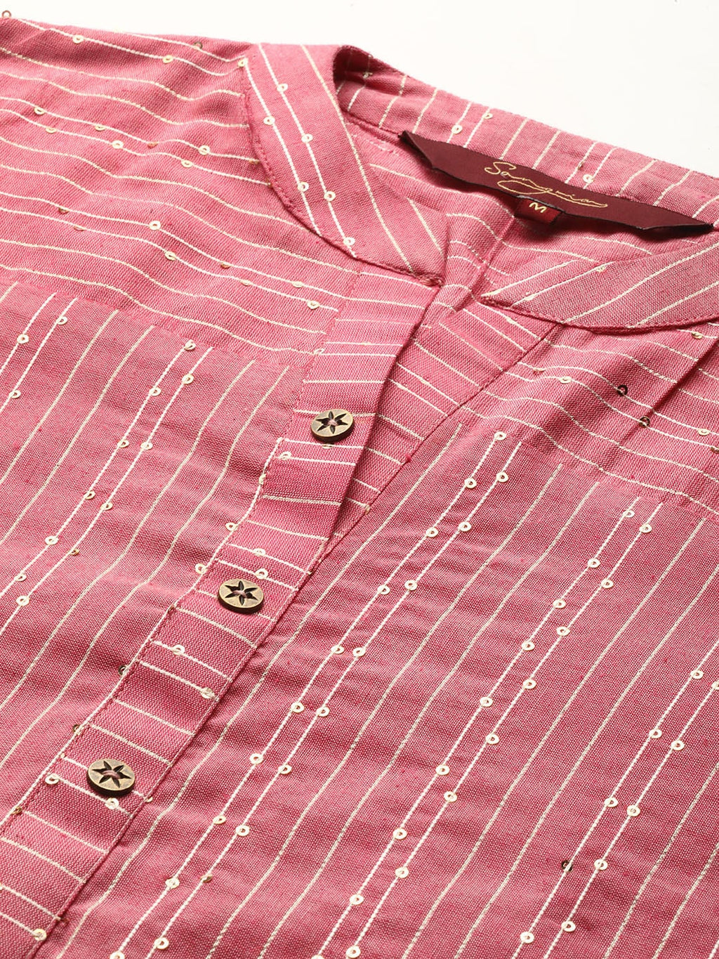Sangria Women Peach-Coloured & White Striped Mandarin Collar Kurta | Grocsy