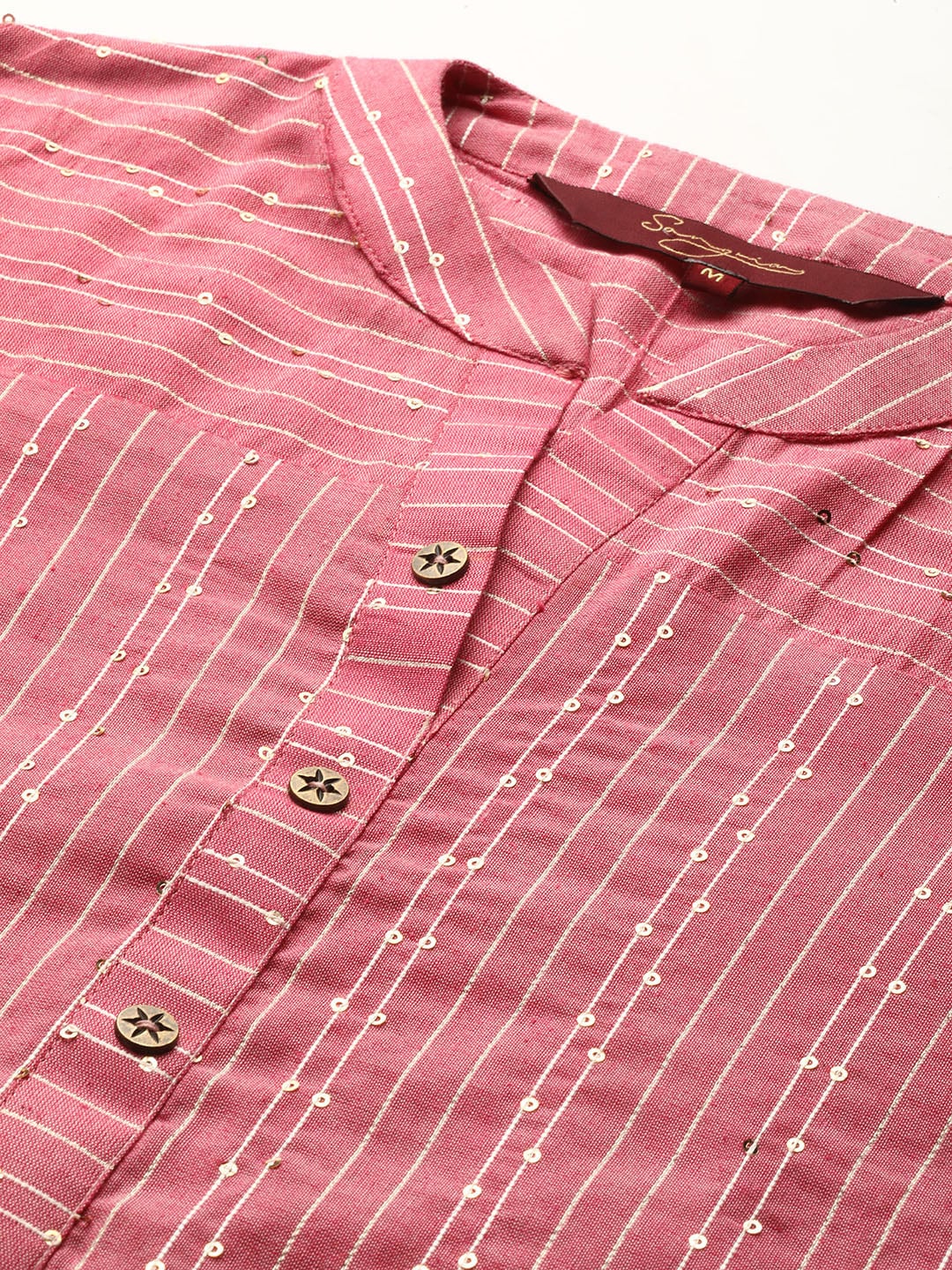 Sangria Women Peach-Coloured & White Striped Mandarin Collar Kurta | Grocsy