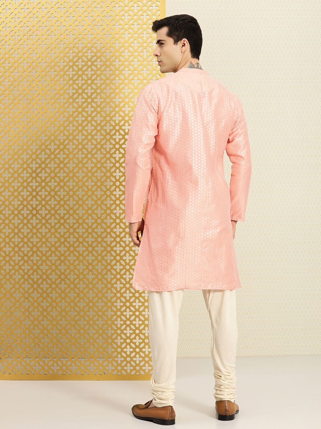 House of Pataudi Men Peach-Coloured Ethnic Motifs Printed Kurta | Grocsy