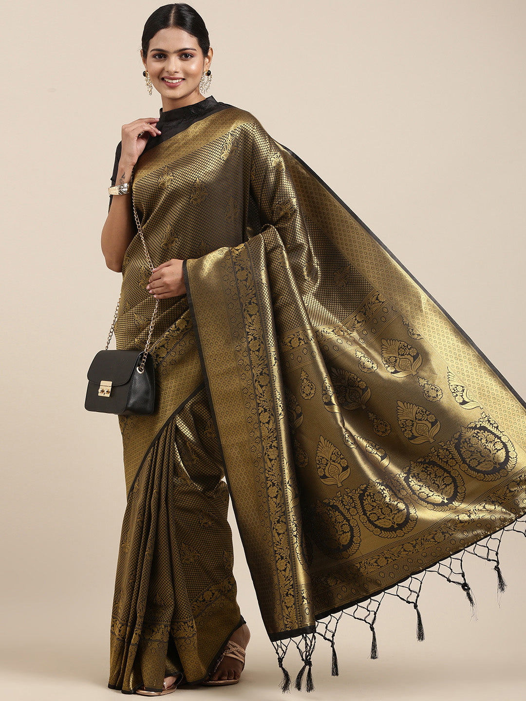 Saree Mall Black & Gold-Toned Ethnic Motifs Zari Silk Blend Banarasi Saree | Grocsy