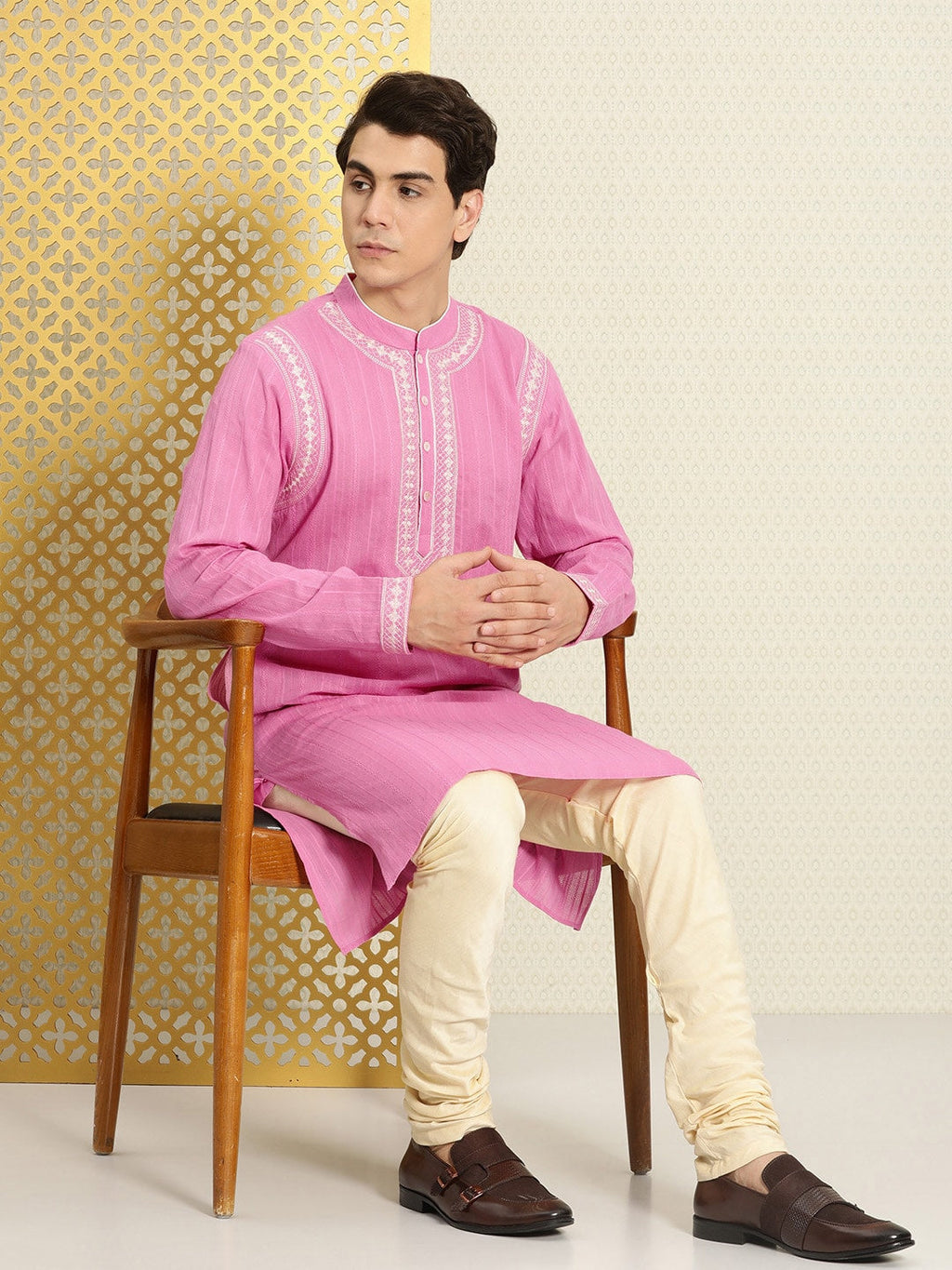 House of Pataudi Men Pure Cotton Self Striped Embroidered Thread Work Jashn Kurta | Grocsy