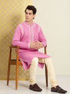 House of Pataudi Men Pure Cotton Self Striped Embroidered Thread Work Jashn Kurta | Grocsy
