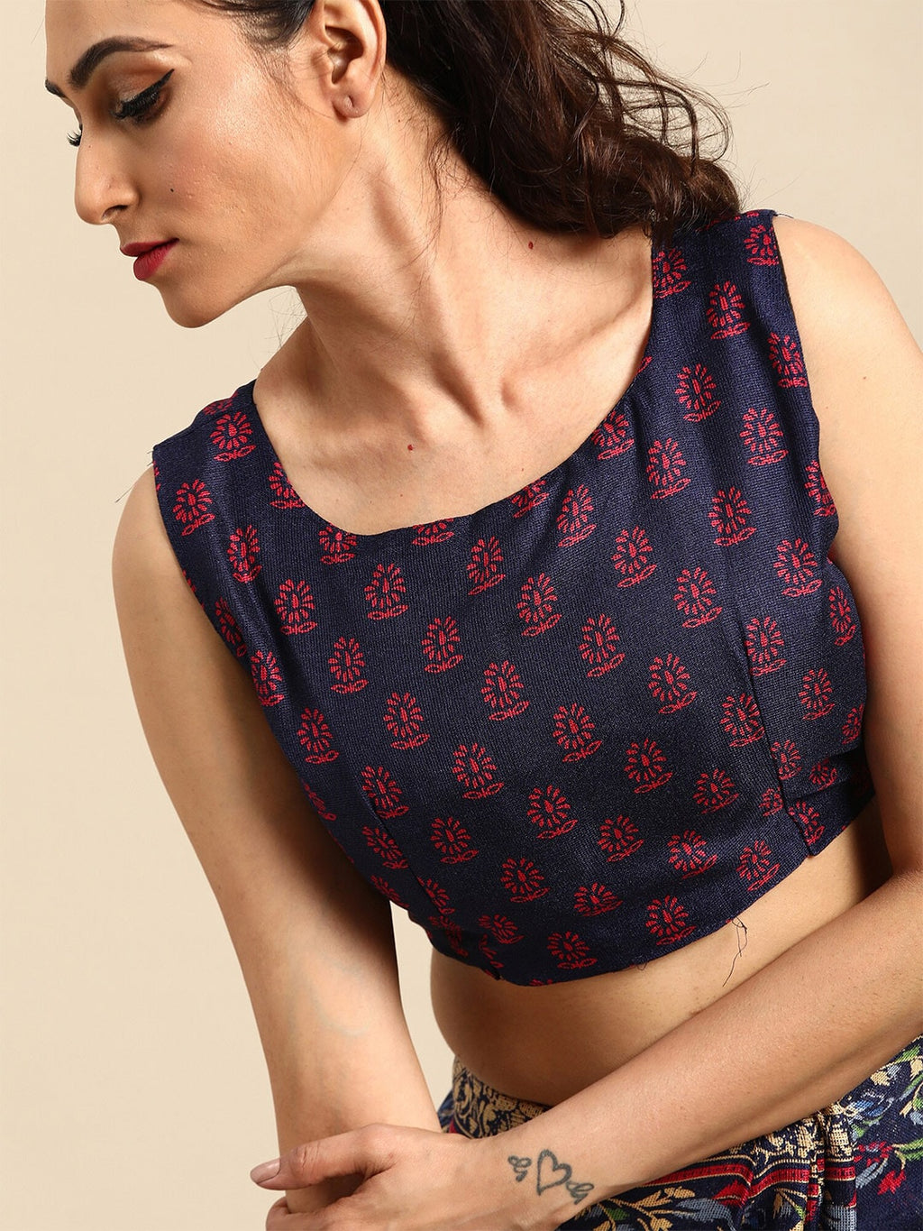 Saree Mall Navy Blue & Red Floral Jute Silk Block Print Sarees | Grocsy