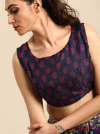 Saree Mall Navy Blue & Red Floral Jute Silk Block Print Sarees | Grocsy