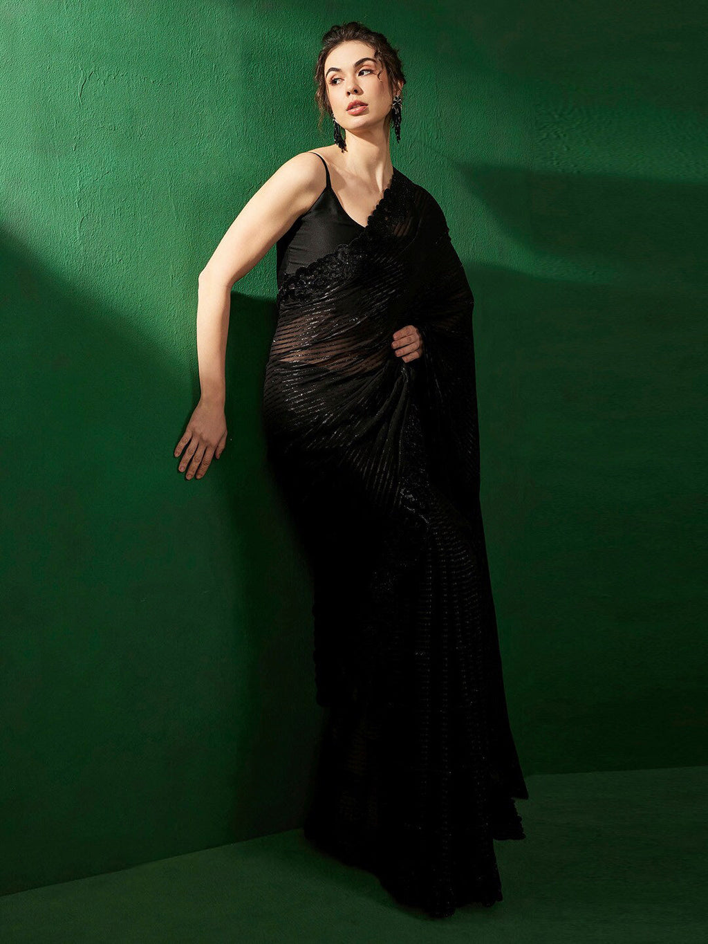 Sangria Striped Embellished Beads and Stones Pure Chiffon Sarees | Grocsy