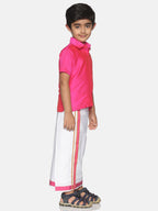 Sethukrishna Boys Pink & White Solid Shirt and Veshti Set | Grocsy