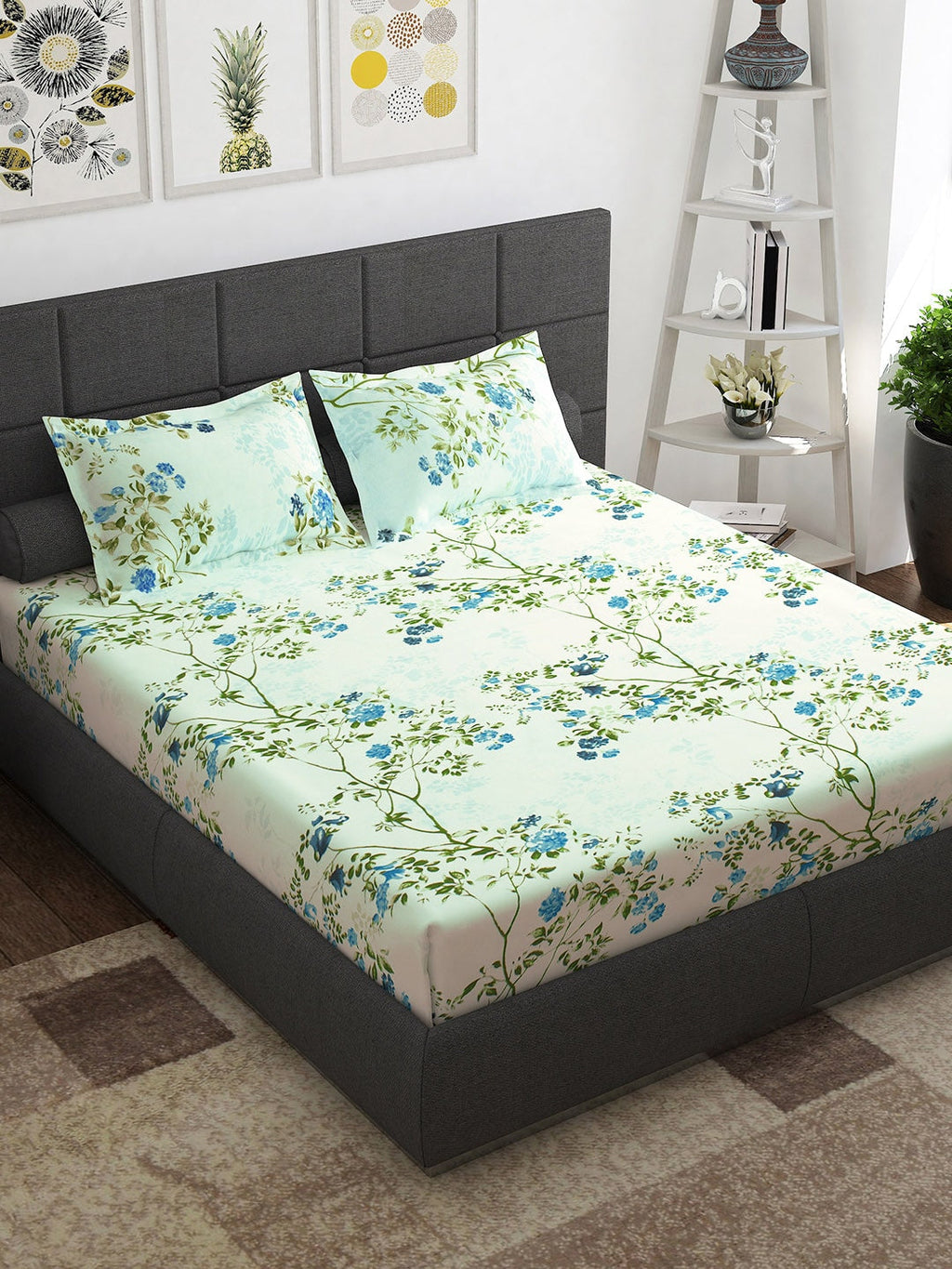 Story@home Ventura Blue & Green Floral Printed 152 TC Queen Bedsheet With 2 Pillow Covers | Grocsy