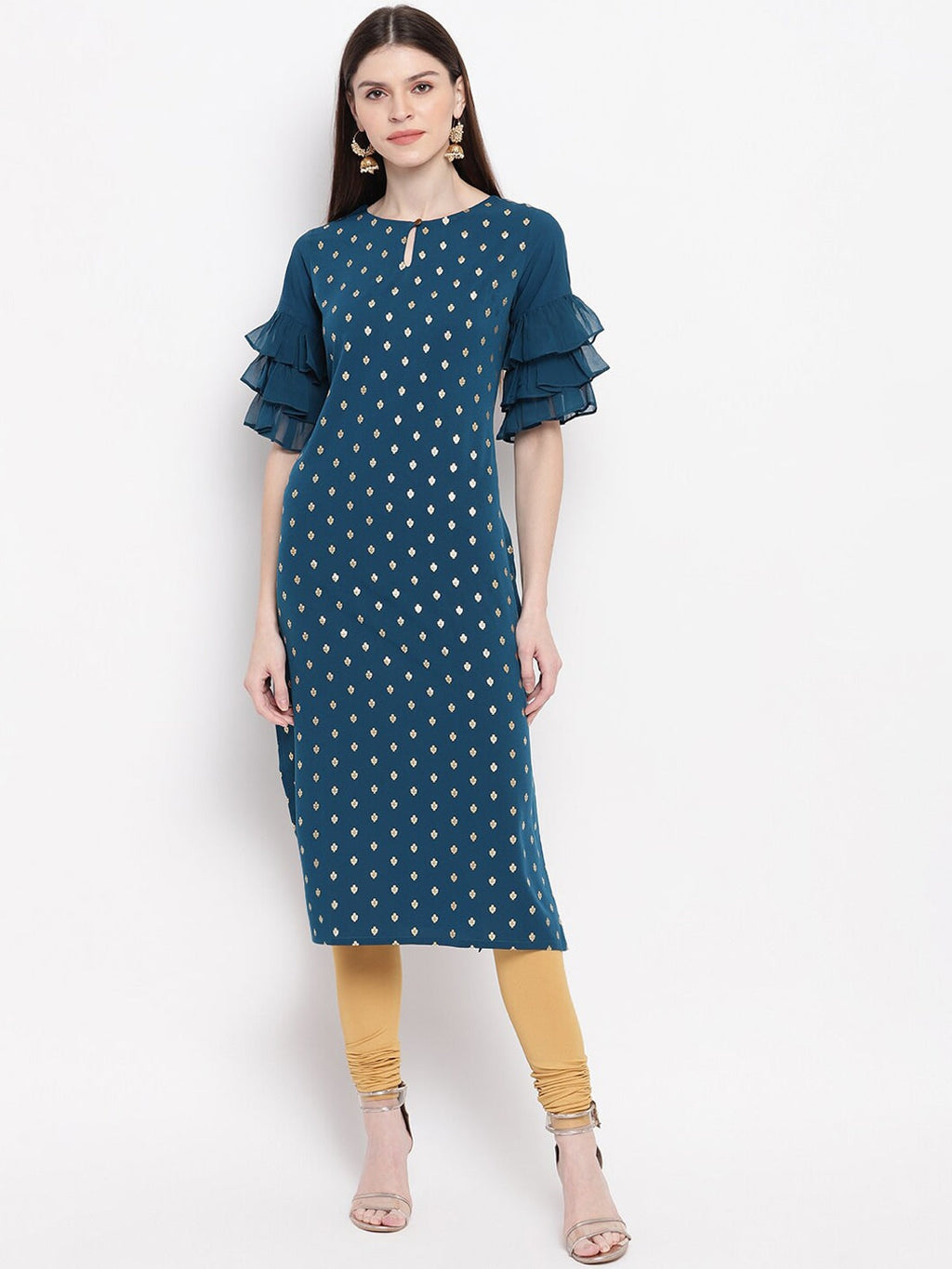 Janasya Women Teal Blue Geometric Printed Keyhole Neck Flared Sleeves Crepe Kurta | Grocsy