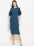 Janasya Women Teal Blue Geometric Printed Keyhole Neck Flared Sleeves Crepe Kurta | Grocsy