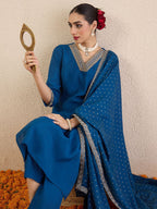 Indo Era Ethnic Motifs Embroidered Regular V-Neck Straight Kurta With Trousers & Dupatta | Grocsy