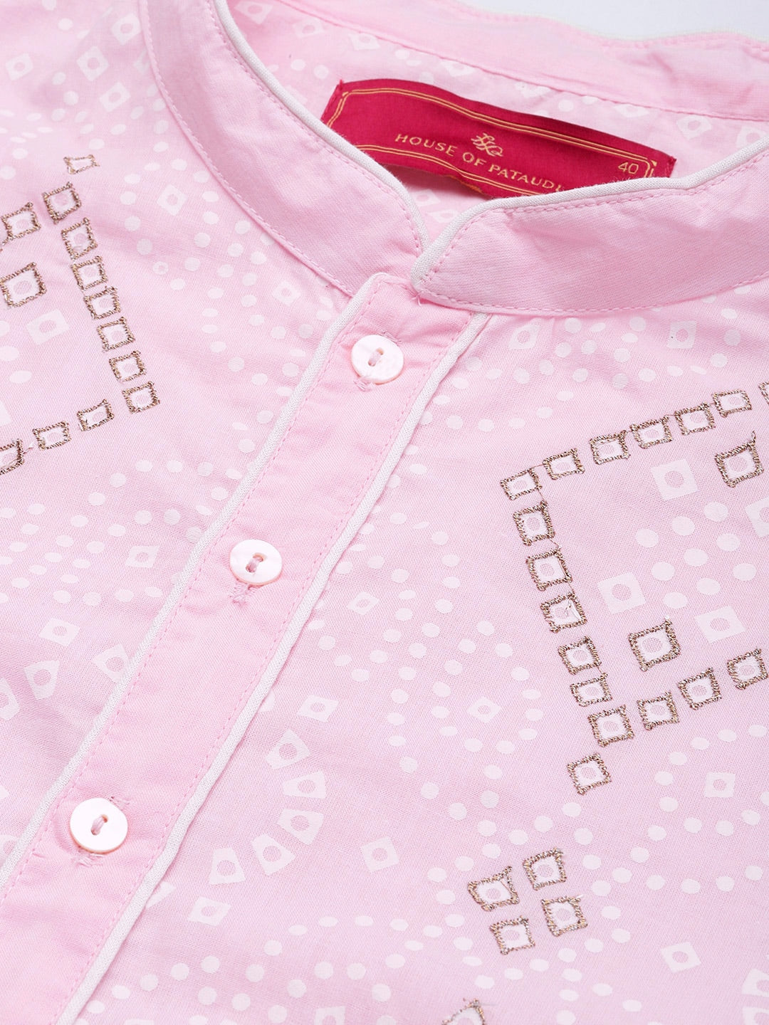 House of Pataudi Men Pink & White Bandhani Printed Pure Cotton Jashn Kurta | Grocsy