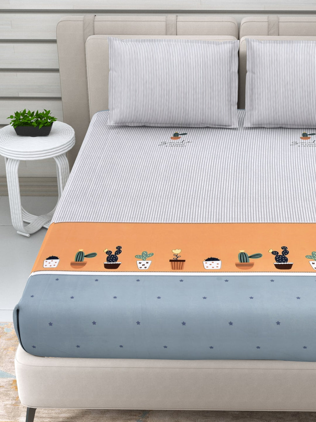 DREAM WEAVERZ White & Peach-Coloured Striped Glazed Cotton 220 TC King Bedsheet with 2 Pillow Covers | Grocsy