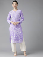ADA Women Mauve & White Ethnic Motifs Embroidered Chikankari Kurta | Grocsy