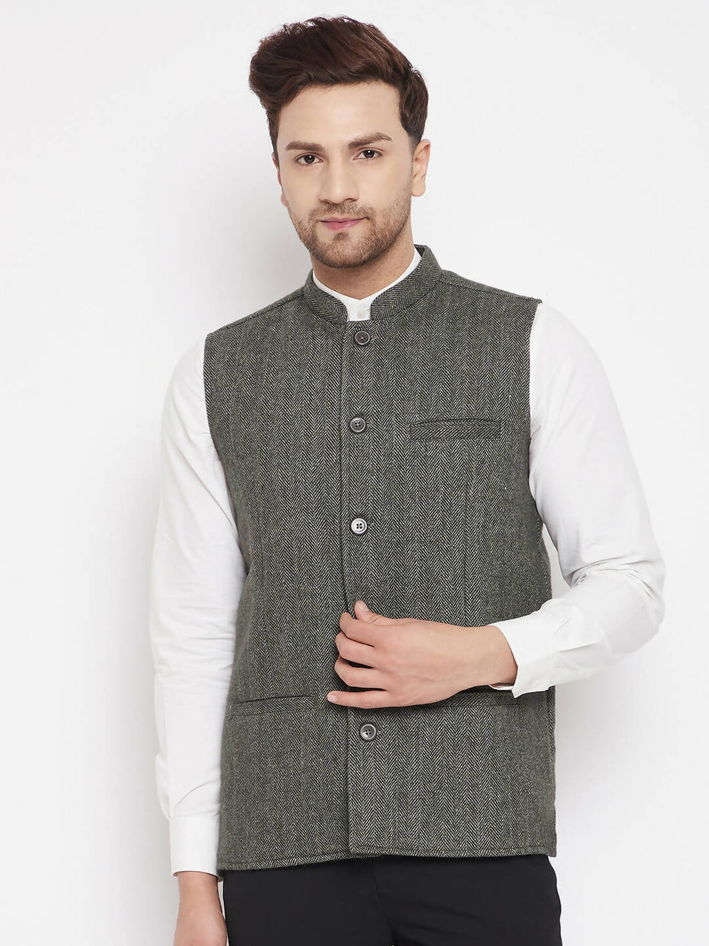 Even Apparels Green Wool Men Woven Nehru Jacket | Grocsy