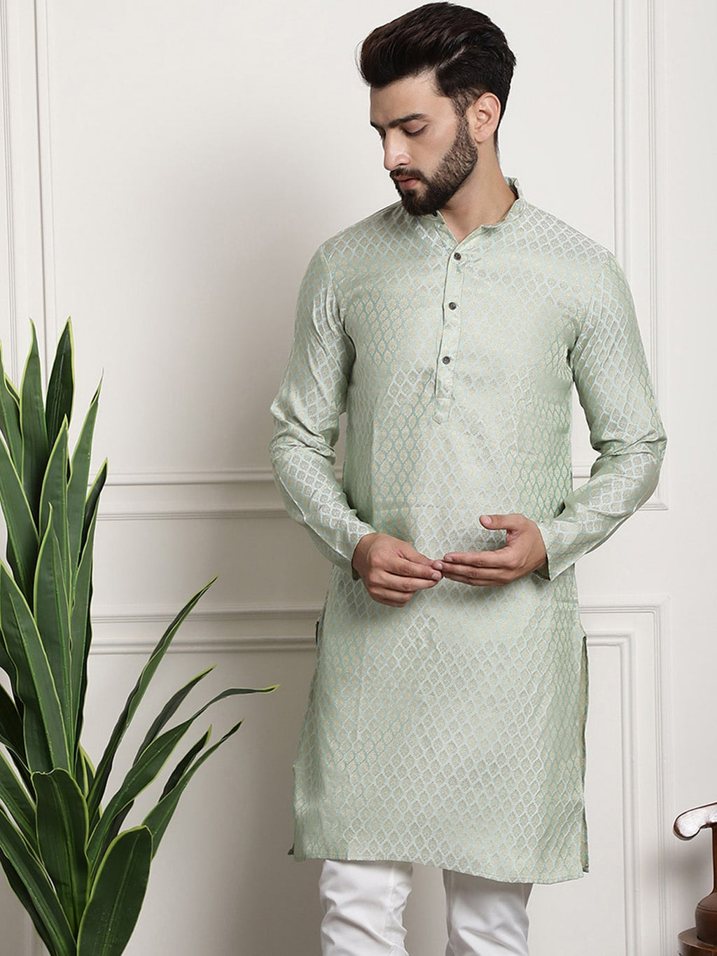 Sojanya Men Green & Beige Ethnic Motifs Jacquard Woven Design Straight Kurta | Grocsy