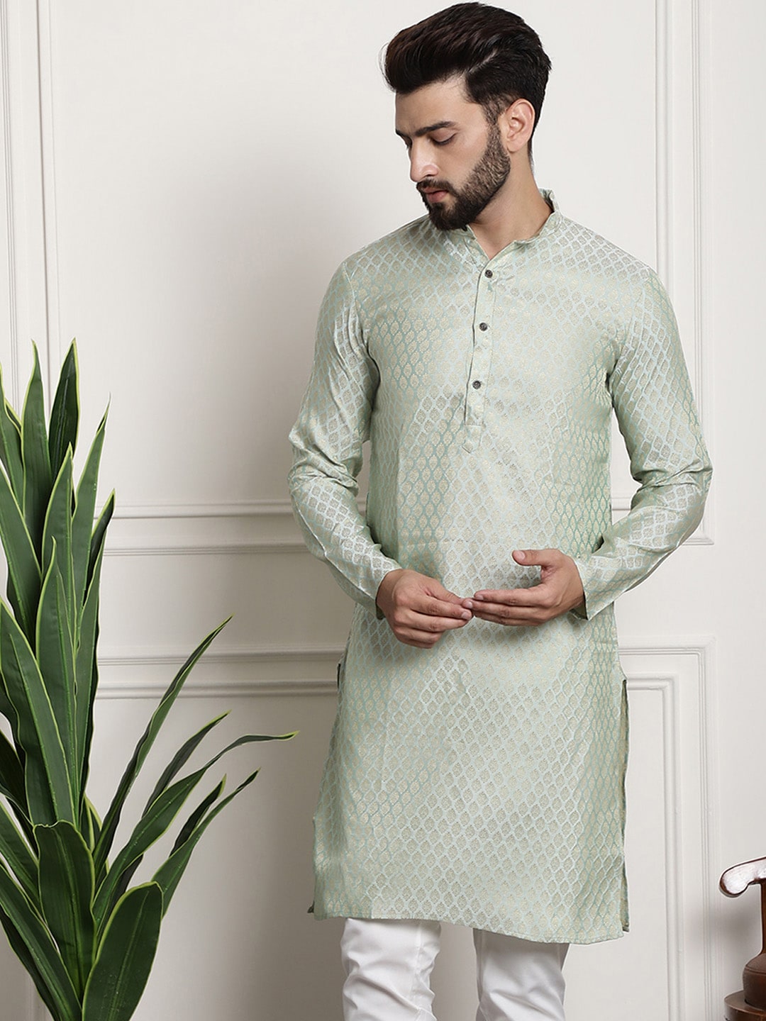 Sojanya Men Green & Beige Ethnic Motifs Jacquard Woven Design Straight Kurta | Grocsy