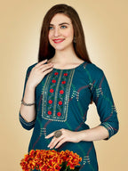 Jyoti Fashion Women's Teal Viscose Rayon Embroidered Kurta Pant Set | Grocsy