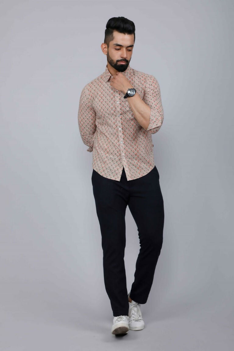 Miravan Men's Beige Pure Cotton Handblock Floral Print Shirt | Grocsy