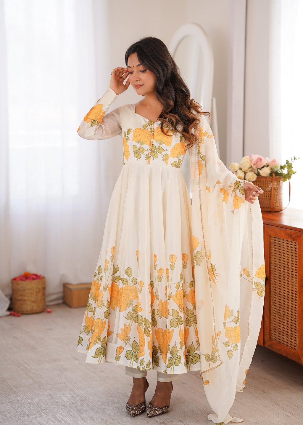 Lorenvalley Fashion Offwhite Organza Silk Floral Print Anarkali Gown Pant With Dupatta | Grocsy