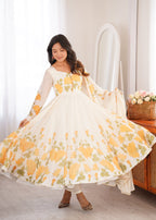 Lorenvalley Fashion Offwhite Organza Silk Floral Print Anarkali Gown Pant With Dupatta | Grocsy