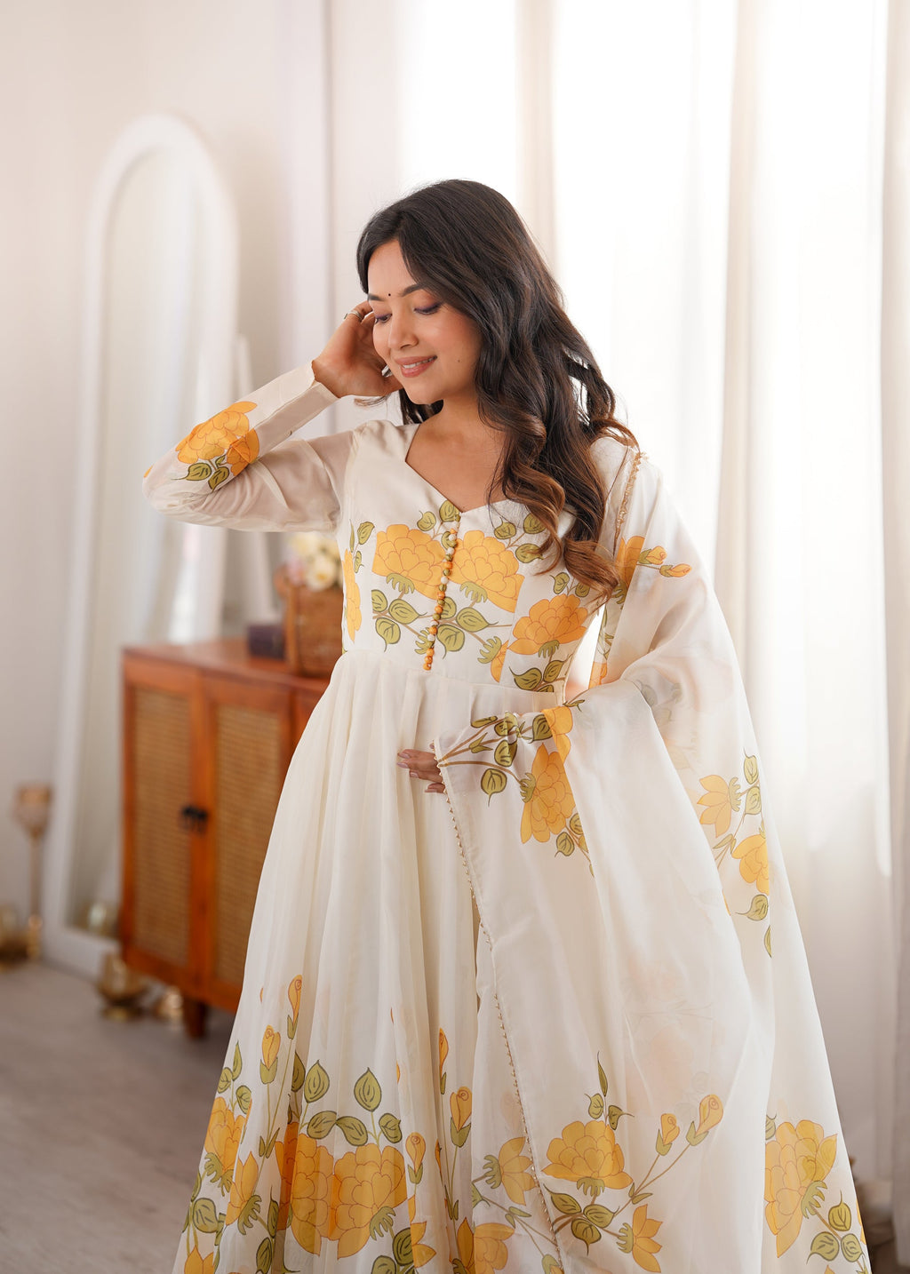 Lorenvalley Fashion Offwhite Organza Silk Floral Print Anarkali Gown Pant With Dupatta | Grocsy