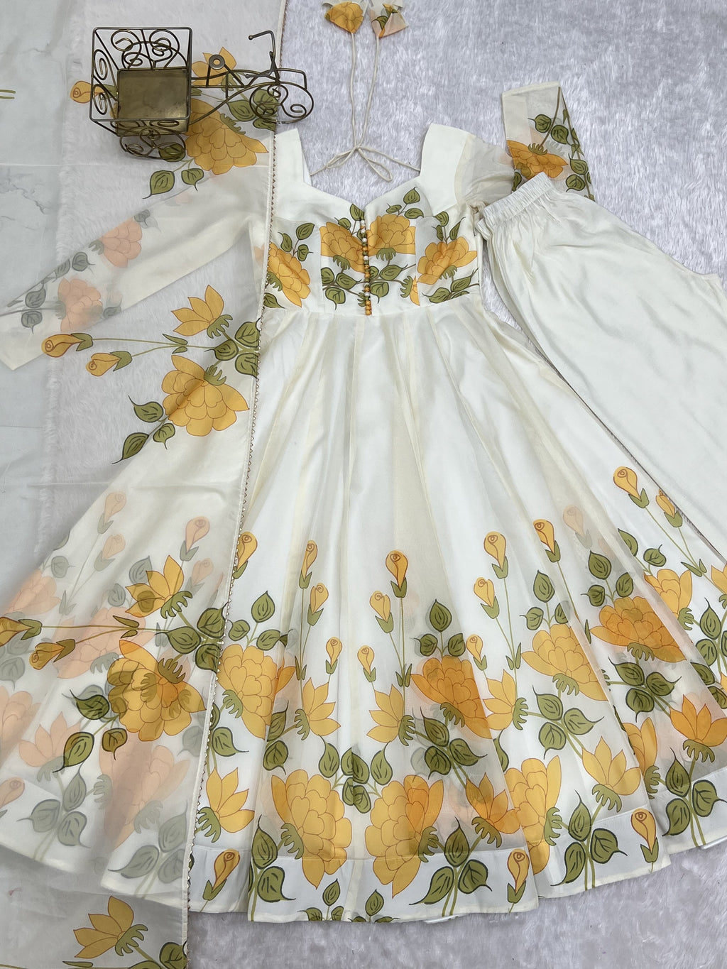 Lorenvalley Fashion Offwhite Organza Silk Floral Print Anarkali Gown Pant With Dupatta | Grocsy