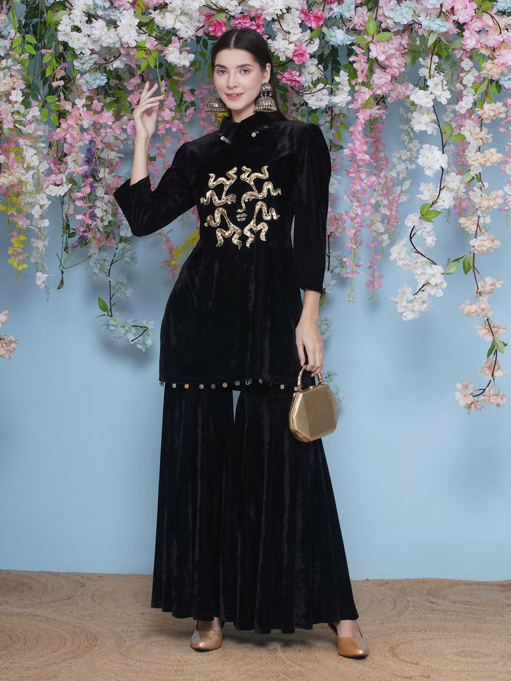 Joban Fashion Black Velvet Sharara Set | Grocsy