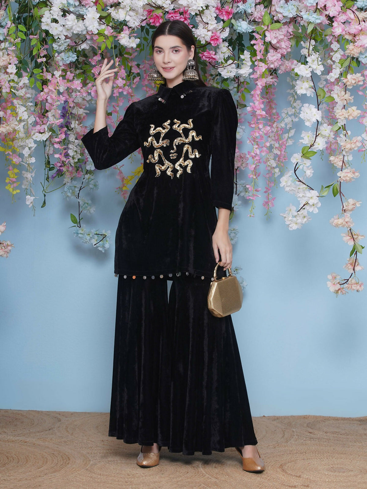 Joban Fashion Black Velvet Sharara Set | Grocsy