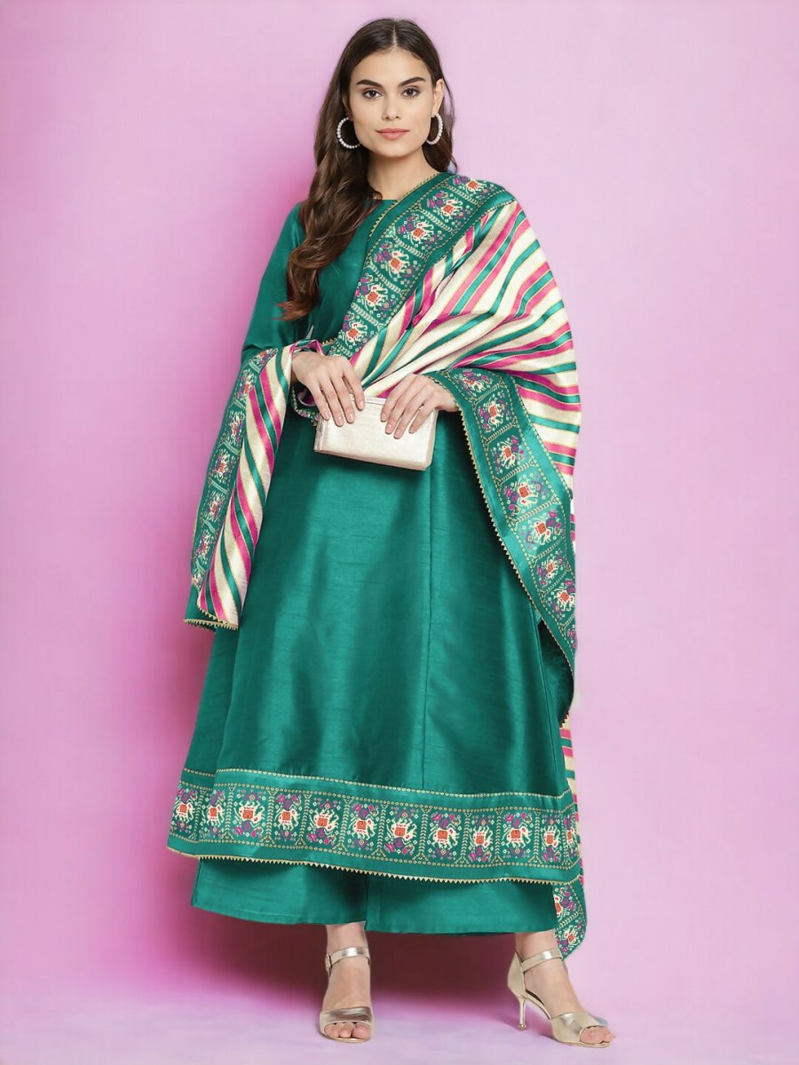 Ahalyaa Women Sea Green Printed Gotta Patti Kurti with Palazzos & Dupatta - Sea Green | Grocsy