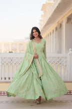 Vastranavya Faux Georgette with Zari & Sequins Embroidery Work Gown with Dupatta - Turquoise | Grocsy