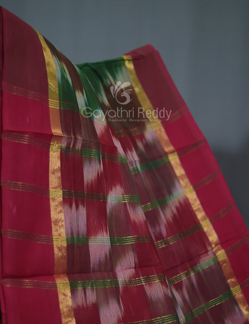 Dual Shades of Bottle Green And Maroon Mangalagiri Ikkat Cotton Saree By Gayathri Reddy Designer Studio | Grocsy