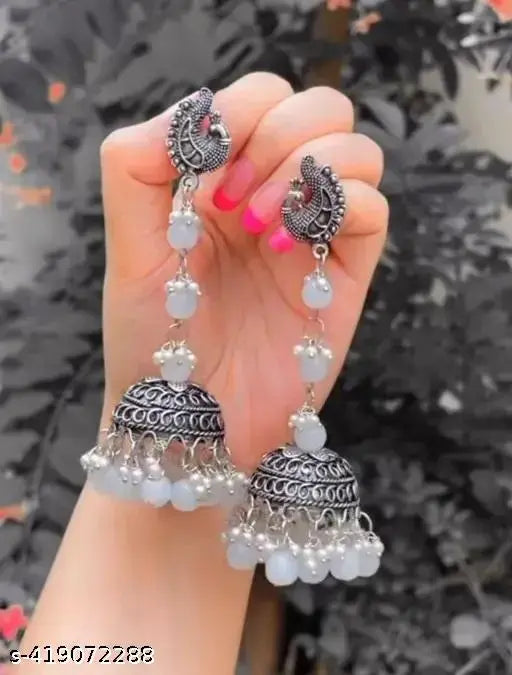 Tehzeeb Creations Women's Silver Colour Oxidised Peacock Design Earrings With White Pearl | Grocsy