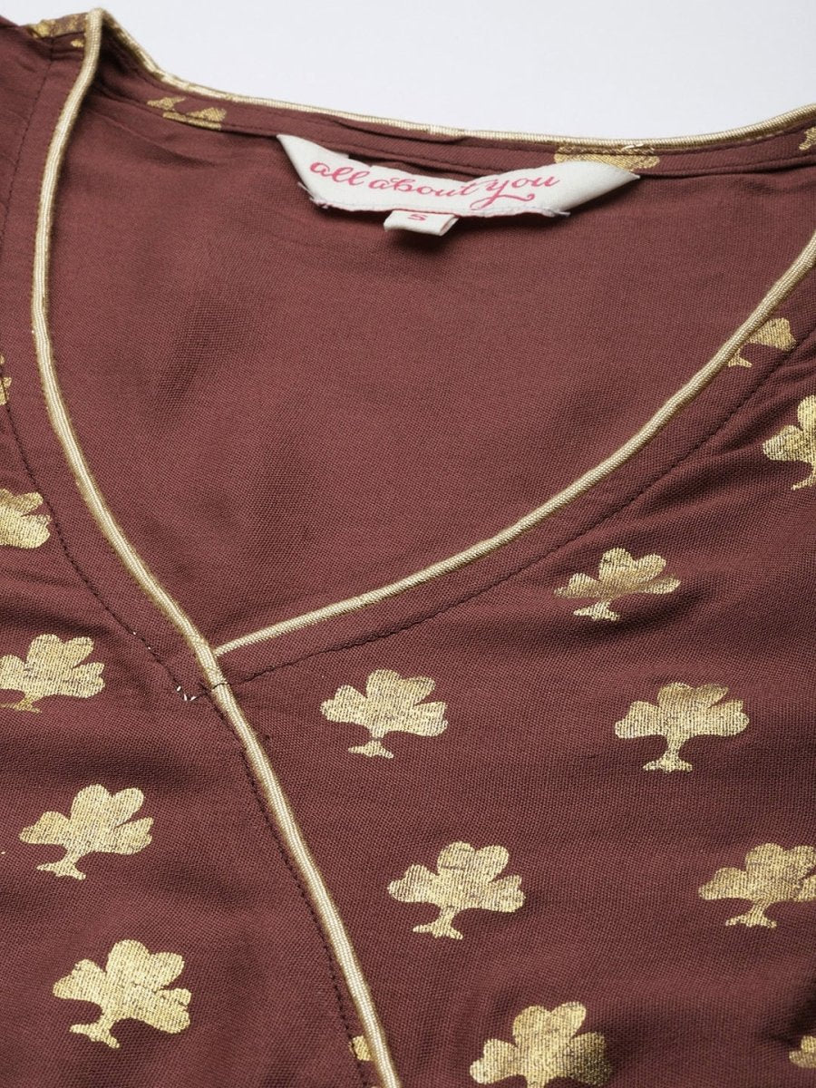 All About You Women Brown & Golden Ethnic Motifs Printed Gotta Patti Kurta | Grocsy