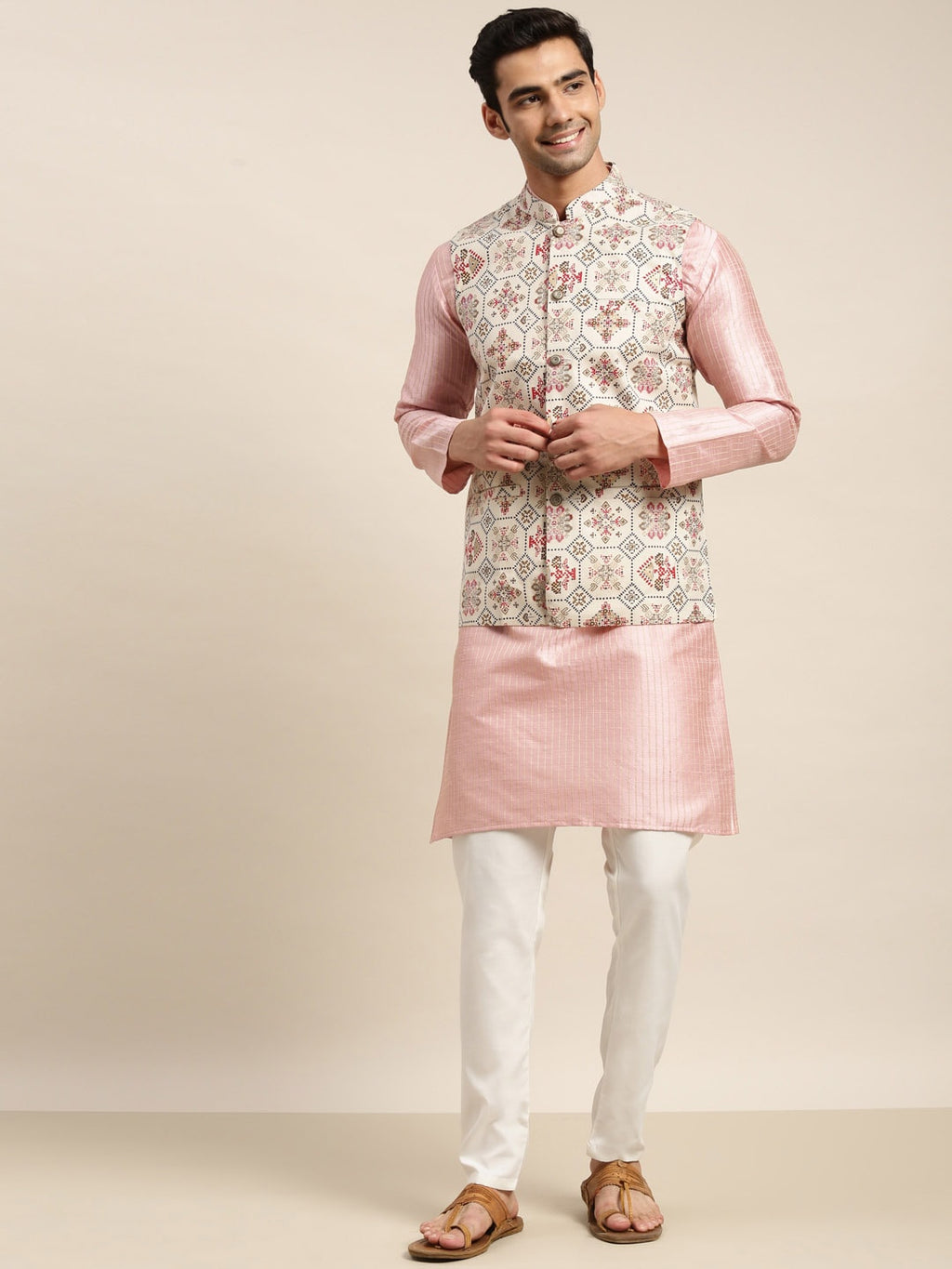 Sojanya Men Pink Solid Kurta & Churidar Comes With a Nehru Jacket | Grocsy