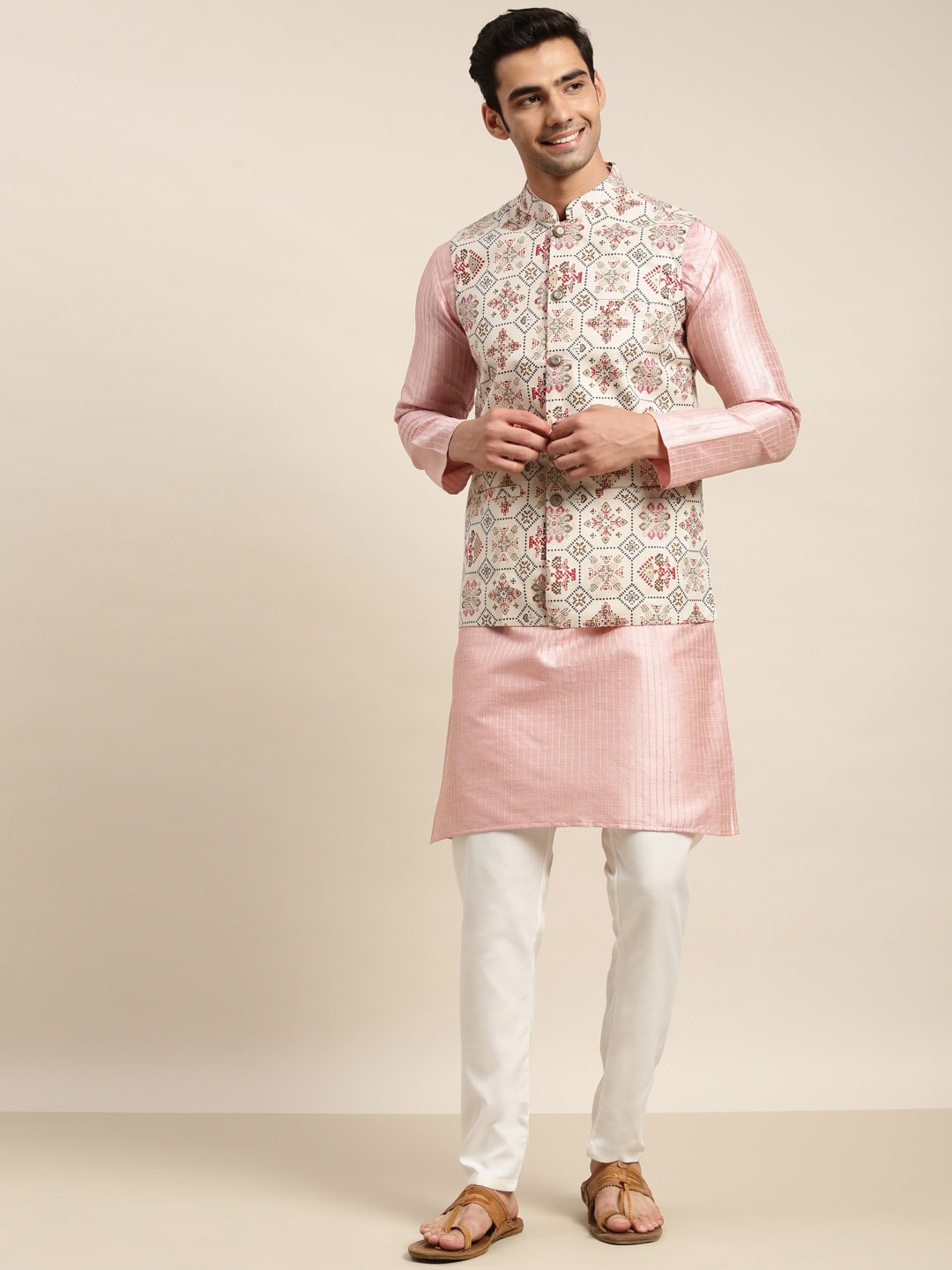 Sojanya Men Pink Solid Kurta & Churidar Comes With a Nehru Jacket | Grocsy