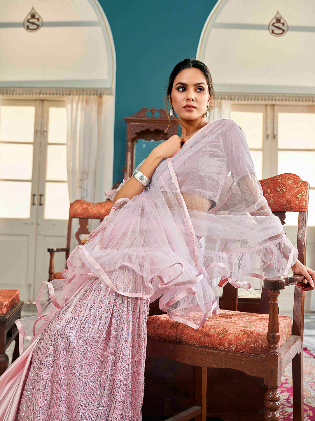 Tikhi Imli Floral Sequinned Satin Half and Half Saree | Grocsy