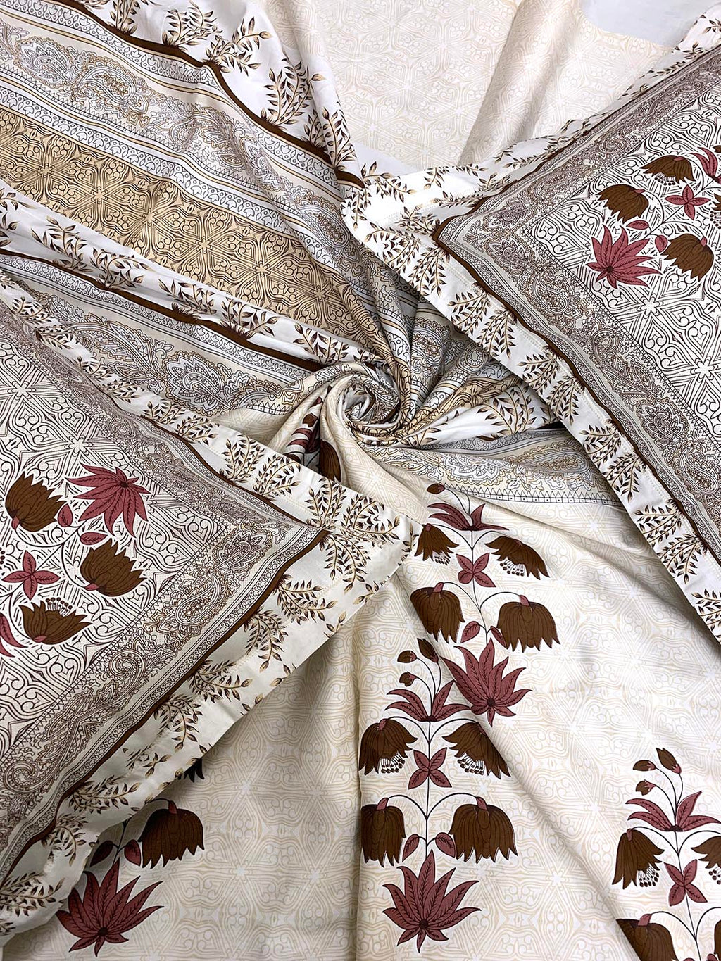 BELLA CASA Grey & Maroon Printed 350 TC Cotton King Bedsheet With 2 Pillow Covers | Grocsy