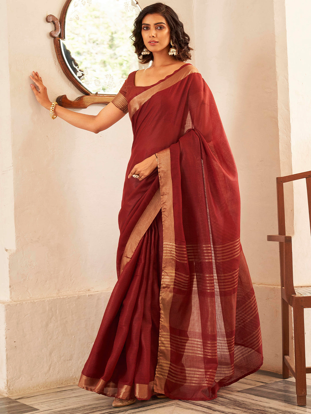 Tikhi Imli Maroon & Gold Toned Zari Woven Design Saree | Grocsy