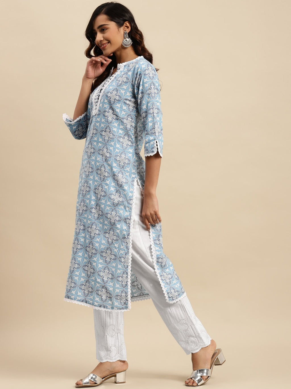 Sangria Blue Ethnic Motif Printed Pure-Cotton Straight Kurta With Trouser & Dupatta | Grocsy