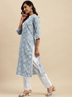 Sangria Blue Ethnic Motif Printed Pure-Cotton Straight Kurta With Trouser & Dupatta | Grocsy