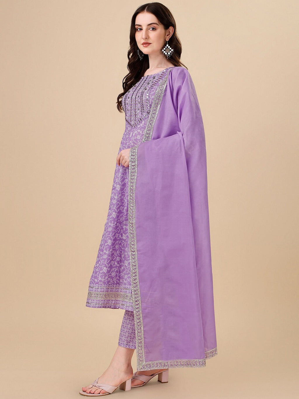 HERE&NOW Purple Floral Printed Pure Cotton A-Line Kurta & Trousers With Dupatta | Grocsy